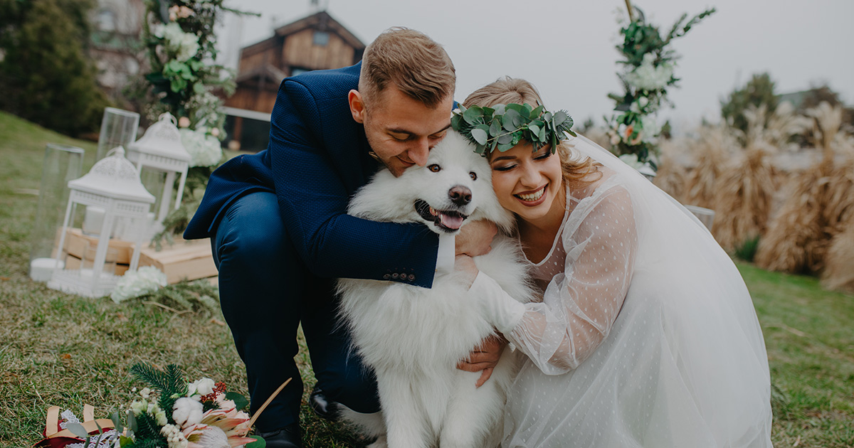 Bride and groom hugging large dog at wedding ceremony