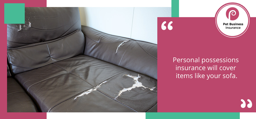 Sofa covered by personal possessions insurance that has been damaged by a client’s dog
