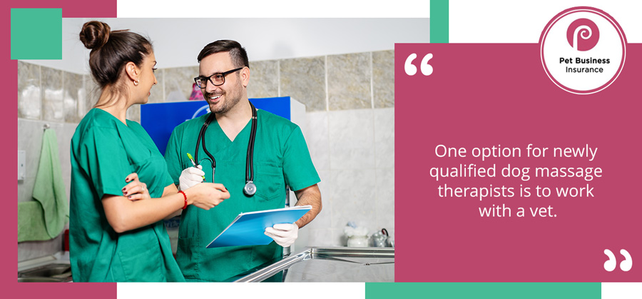 Vet talking with a dog massage therapist in a veterinary surgery